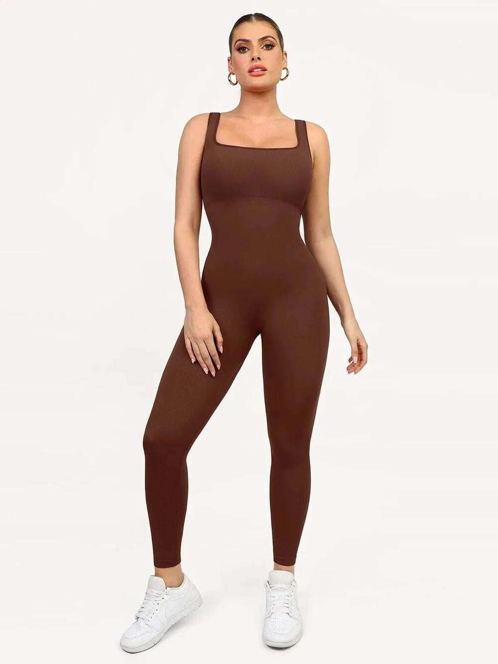 Popilush Seamless Square Neck Sport Jumpsuit Brown